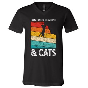 I Love Rock Climbing & Cats Cute Kitty Cat Lover Gift V-Neck T-Shirt