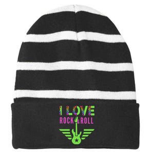 I Love Rock And Roll Guitar Striped Beanie with Solid Band