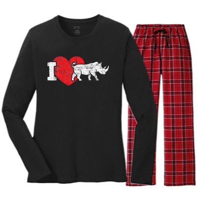 I Love Rhino Rhinoceros Safari Animal Zookeeper Zoology Women's Long Sleeve Flannel Pajama Set 