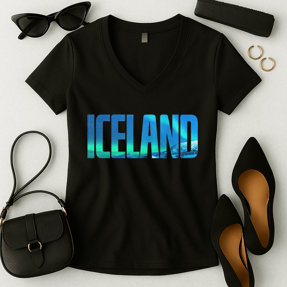 Icelandic Lights Reykjavik Vacations Iceland Women's V-Neck T-Shirt