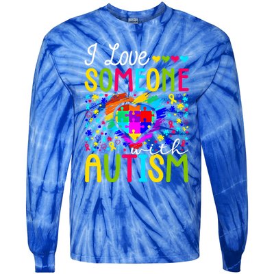 I Love Someone With Autism Rainbow Heart Puzzle Piece Gift Tie-Dye Long Sleeve Shirt