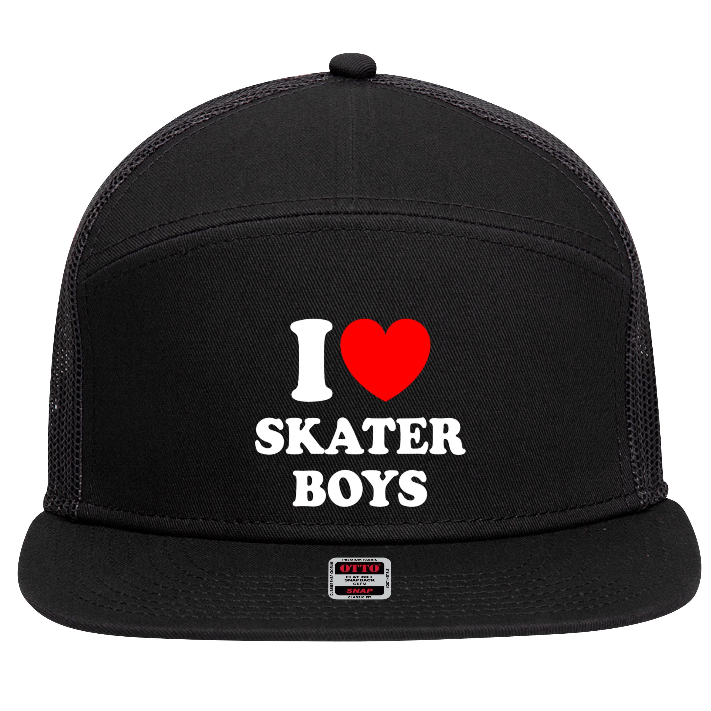 I Love Skater Boy Heart Skateboarding 7 Panel Mesh Trucker Snapback Hat
