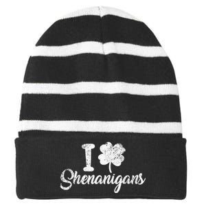 I Love Shenanigans Clover Shamrock Funny St Patrick's Day Striped Beanie with Solid Band