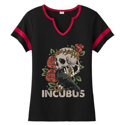 IncubusCrow Left Skull Morning And Flower Halloween Graphic Ladies Halftime Notch Neck Tee