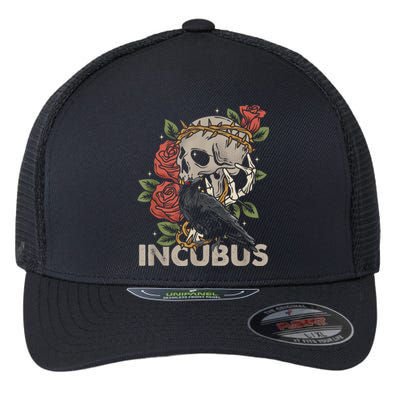 IncubusCrow Left Skull Morning And Flower Halloween Graphic Flexfit Unipanel Trucker Cap