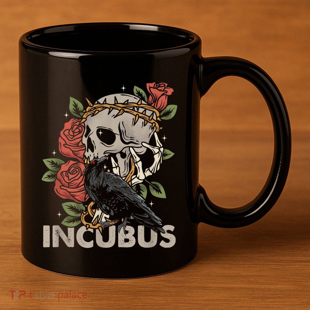 IncubusCrow Left Skull Morning And Flower Halloween Graphic 11oz C Handle Ceramic Mug