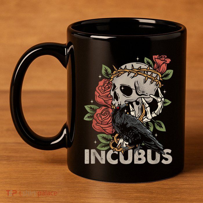 IncubusCrow Left Skull Morning And Flower Halloween Graphic 11oz C Handle Ceramic Mug