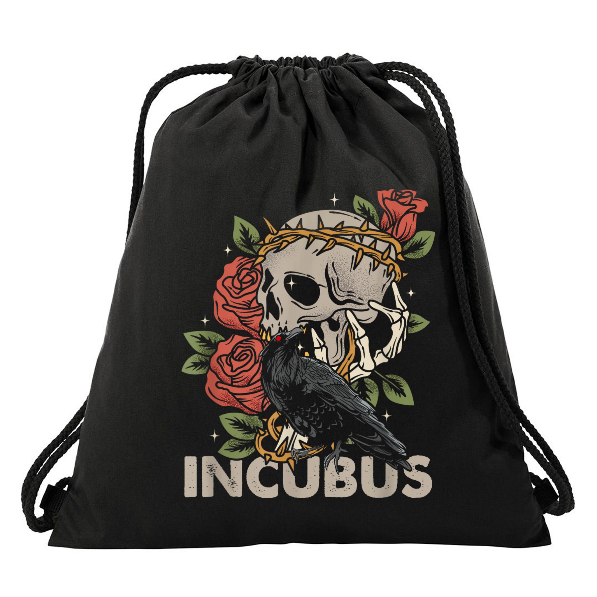 IncubusCrow Left Skull Morning And Flower Halloween Graphic Drawstring Bag