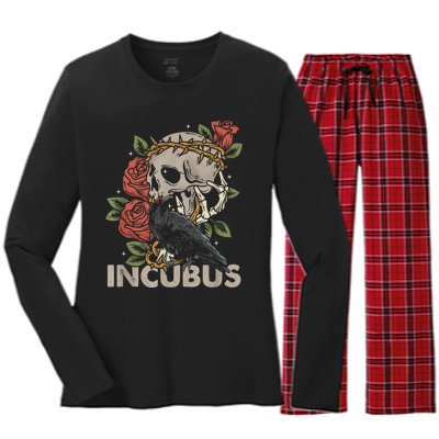 IncubusCrow Left Skull Morning And Flower Halloween Graphic Women's Long Sleeve Flannel Pajama Set 