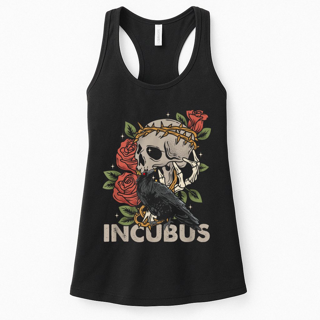 IncubusCrow Left Skull Morning And Flower Halloween Graphic Womens Tank Top