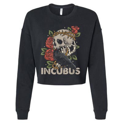 IncubusCrow Left Skull Morning And Flower Halloween Graphic Cropped Pullover Crew