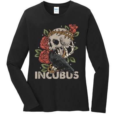 IncubusCrow Left Skull Morning And Flower Halloween Graphic Ladies Long Sleeve Shirt