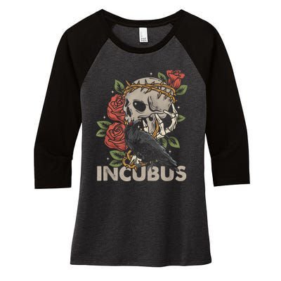 IncubusCrow Left Skull Morning And Flower Halloween Graphic Women's Tri-Blend 3/4-Sleeve Raglan Shirt