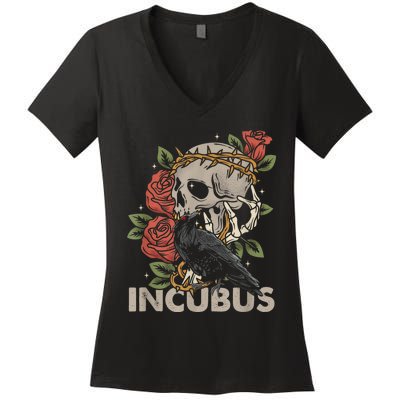 IncubusCrow Left Skull Morning And Flower Halloween Graphic Women's V-Neck T-Shirt