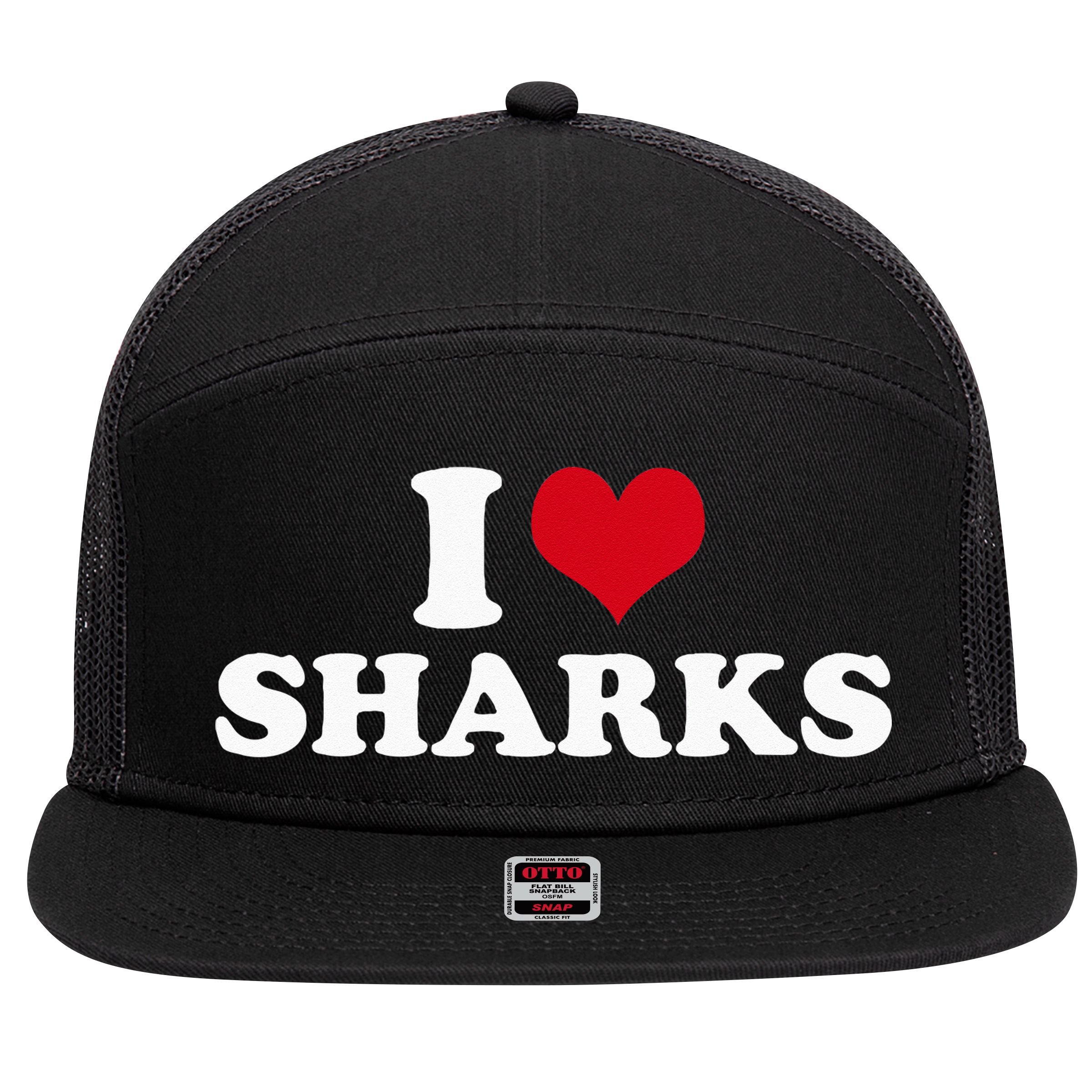 I Love Sharks 7 Panel Mesh Trucker Snapback Hat