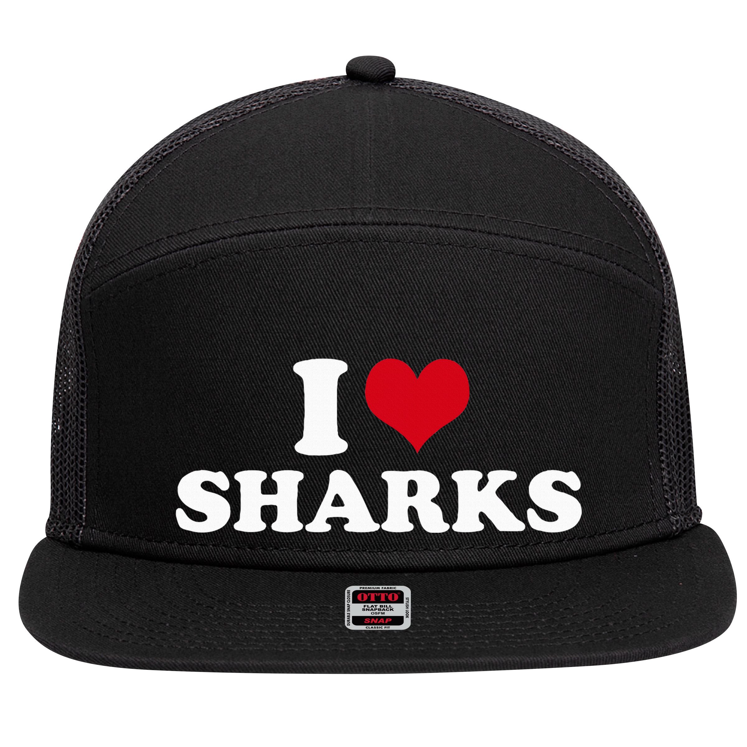 I Love Sharks 7 Panel Mesh Trucker Snapback Hat