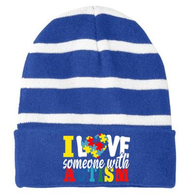 I Love Someone With Autism Autistic Awareness Month Warriors Great Gift Striped Beanie with Solid Band