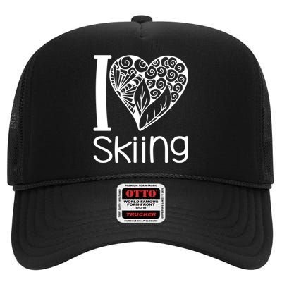 I Love Skiing Gift For Skier High Crown Mesh Back Trucker Hat