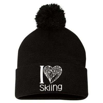 I Love Skiing Gift For Skier Pom Pom 12in Knit Beanie