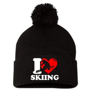 I Love Skiing Gift For Skier Pom Pom 12in Knit Beanie