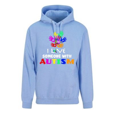 I Love Someone With Autism Awareness Graphic With Hands Gift Unisex Surf Hoodie