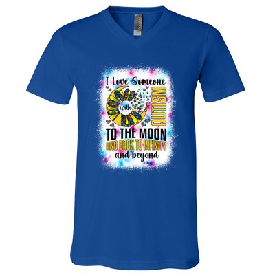 I Love Someone With Autism Moon And Back Support Autism Gift V-Neck T-Shirt