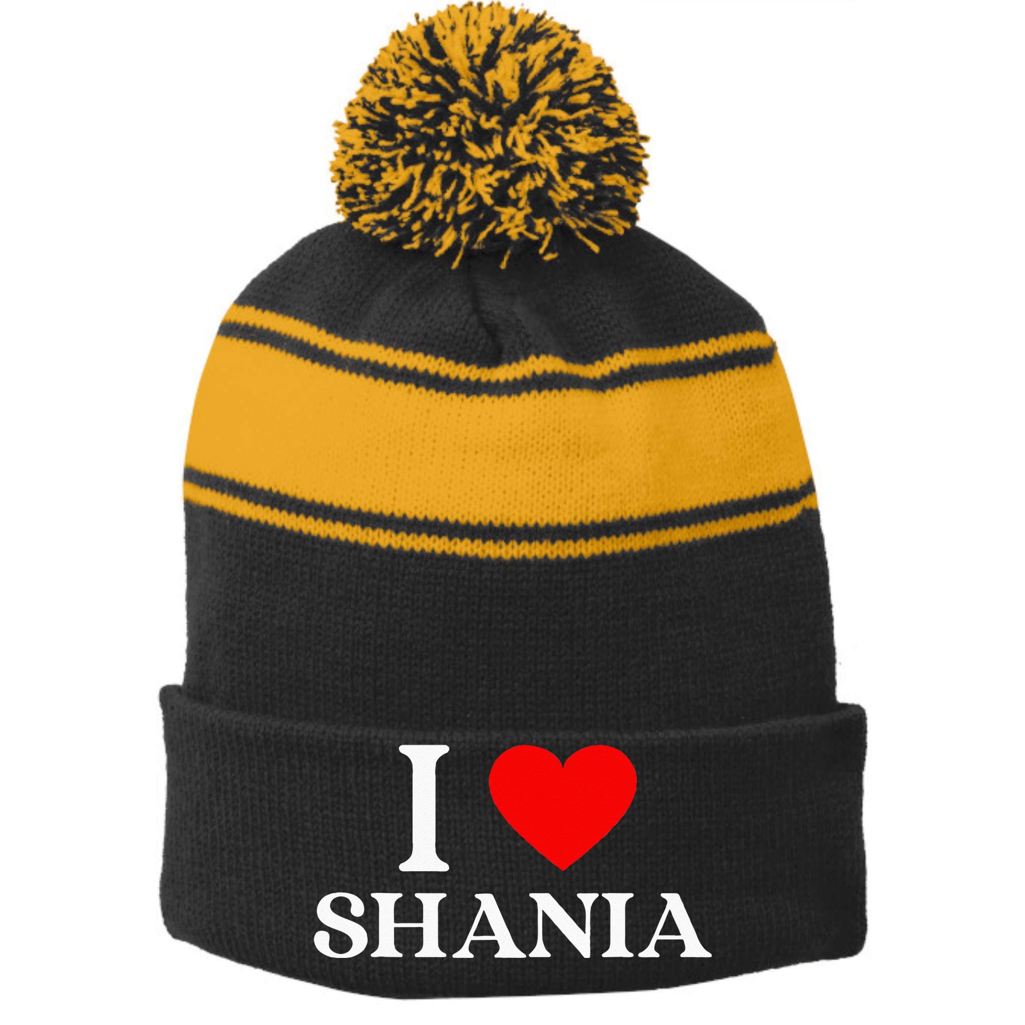 I Love Shania Heart First Name Shania Stripe Pom Pom Beanie