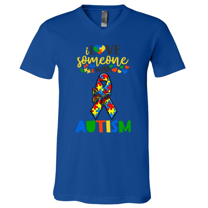 I Love Someone With Autism Puzzle Ribbon Butterfly Awareness Cool Gift V-Neck T-Shirt