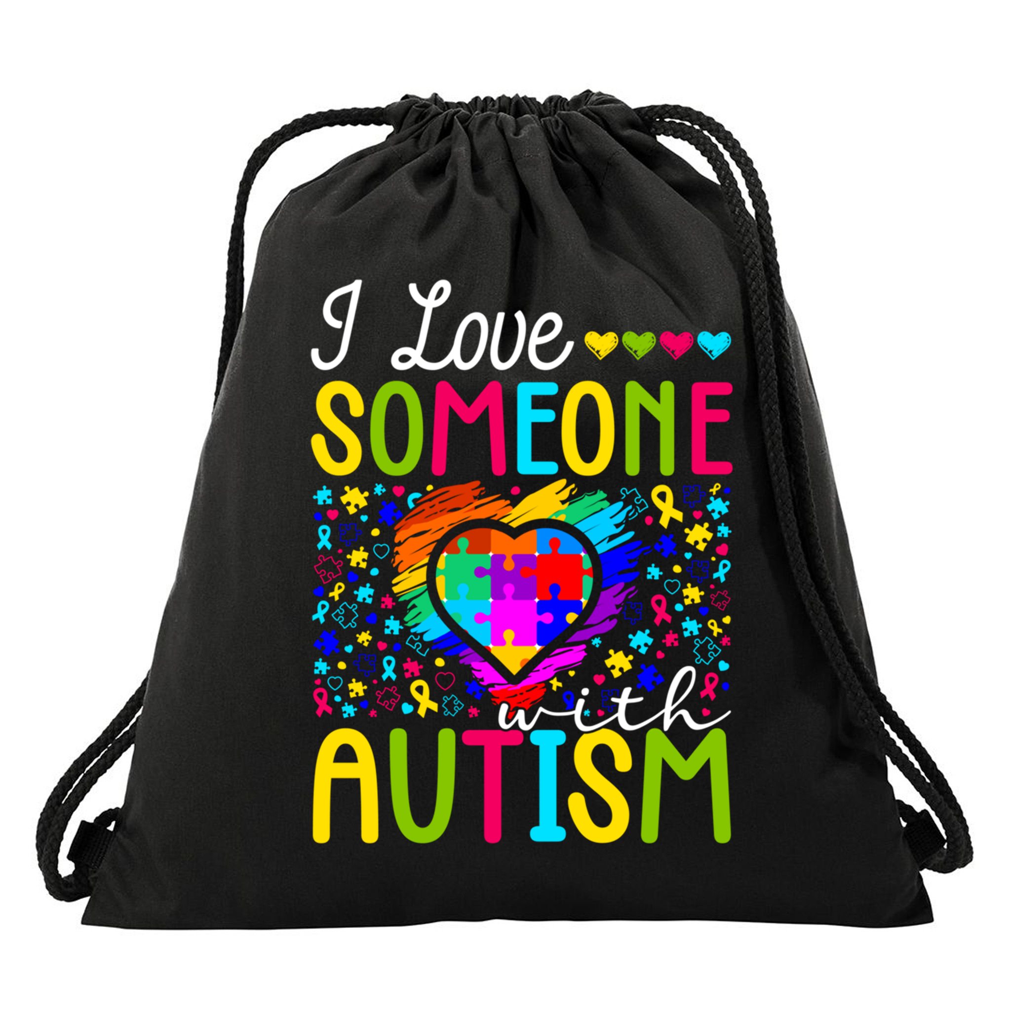 I Love Someone With Autism Rainbow Heart Puzzle Piece Gift Drawstring Bag