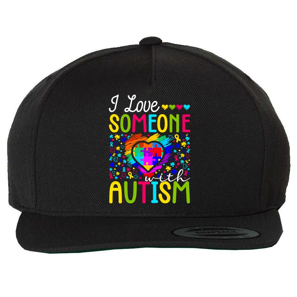 I Love Someone With Autism Rainbow Heart Puzzle Piece Gift Wool Snapback Cap