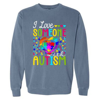 I Love Someone With Autism Rainbow Heart Puzzle Piece Gift Garment-Dyed Sweatshirt