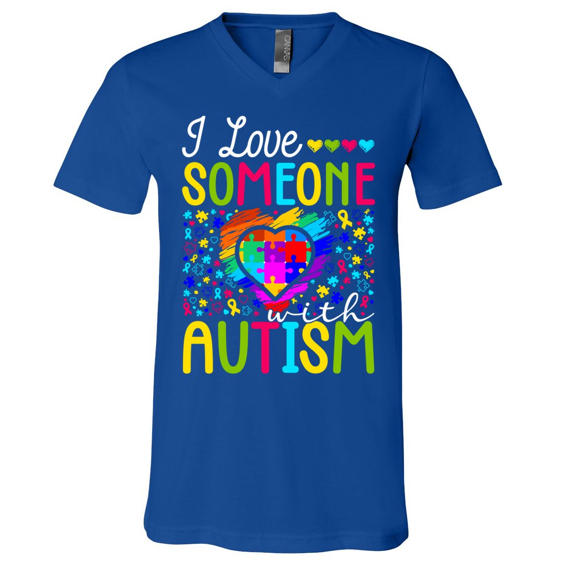 I Love Someone With Autism Rainbow Heart Puzzle Piece Gift V-Neck T-Shirt
