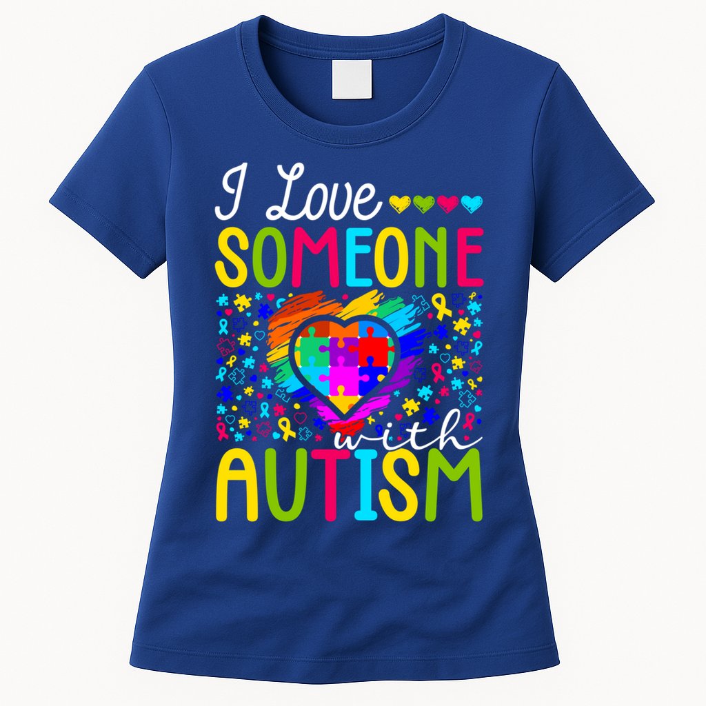 I Love Someone With Autism Rainbow Heart Puzzle Piece Gift Womens T-Shirt