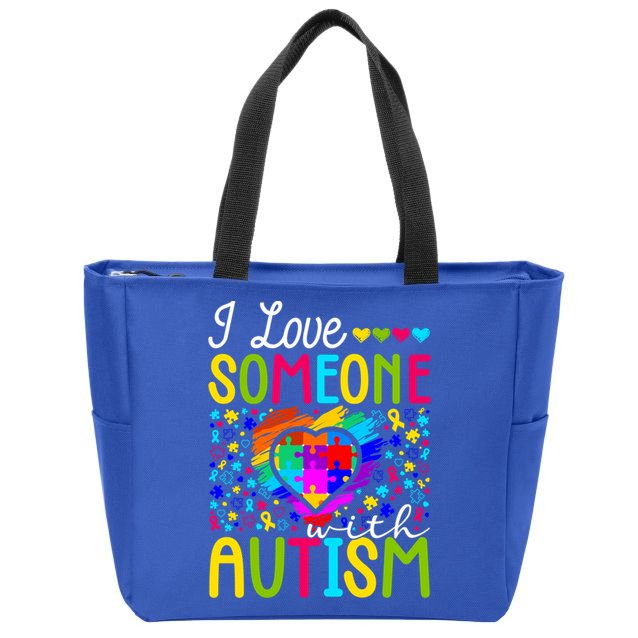 I Love Someone With Autism Rainbow Heart Puzzle Piece Gift Zip Tote Bag