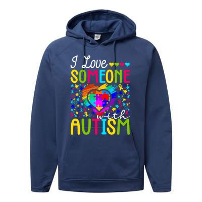 I Love Someone With Autism Rainbow Heart Puzzle Piece Gift Performance Fleece Hoodie