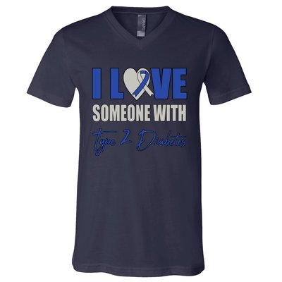 I Love Someone With Type 2 Diabetes Awareness Blue Ribbon Gift V-Neck T-Shirt