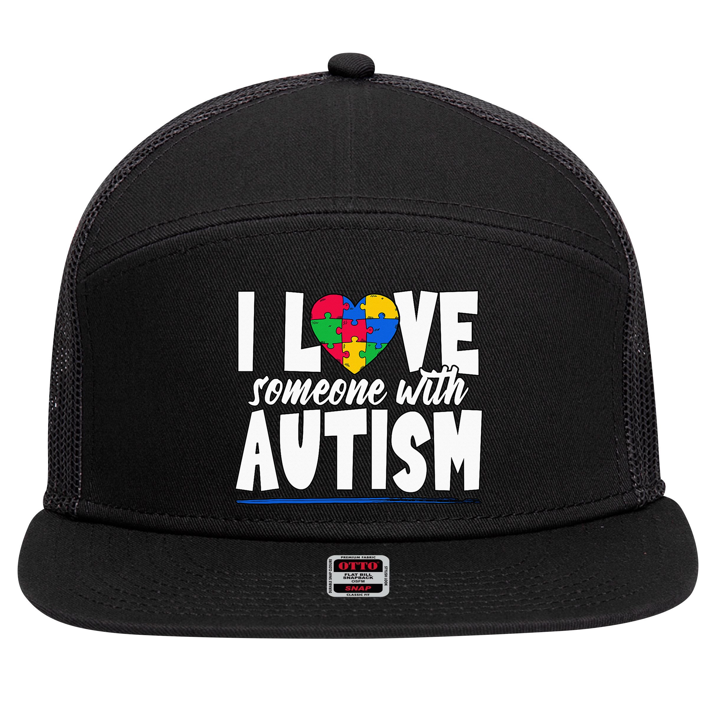 I Love Someone With Autism Awareness Month 7 Panel Mesh Trucker Snapback Hat