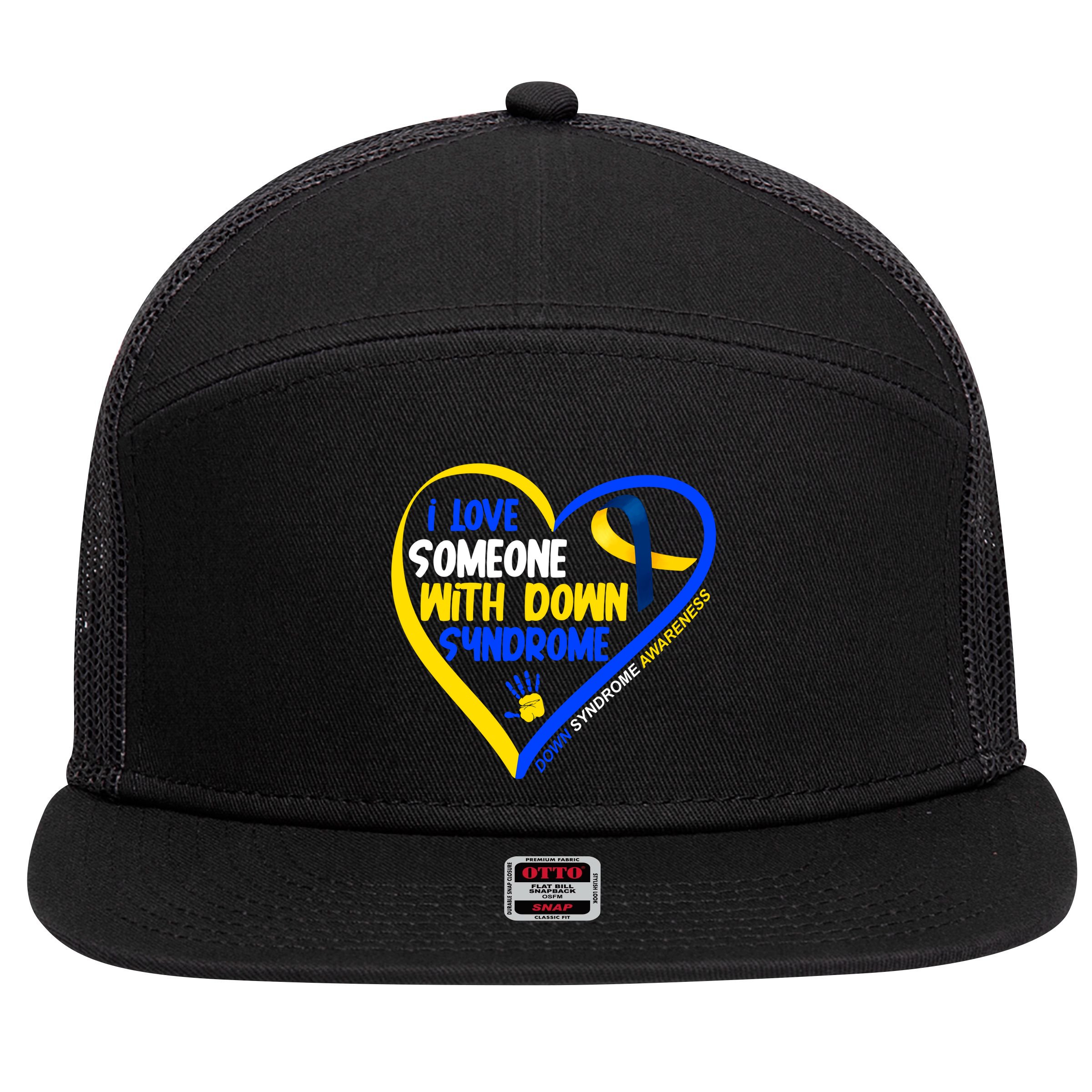 I Love Someone With Down Syndrome Awareness 7 Panel Mesh Trucker Snapback Hat
