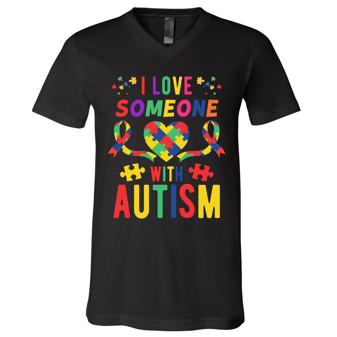 I Love Someone With Autism Ribbon Heart V-Neck T-Shirt