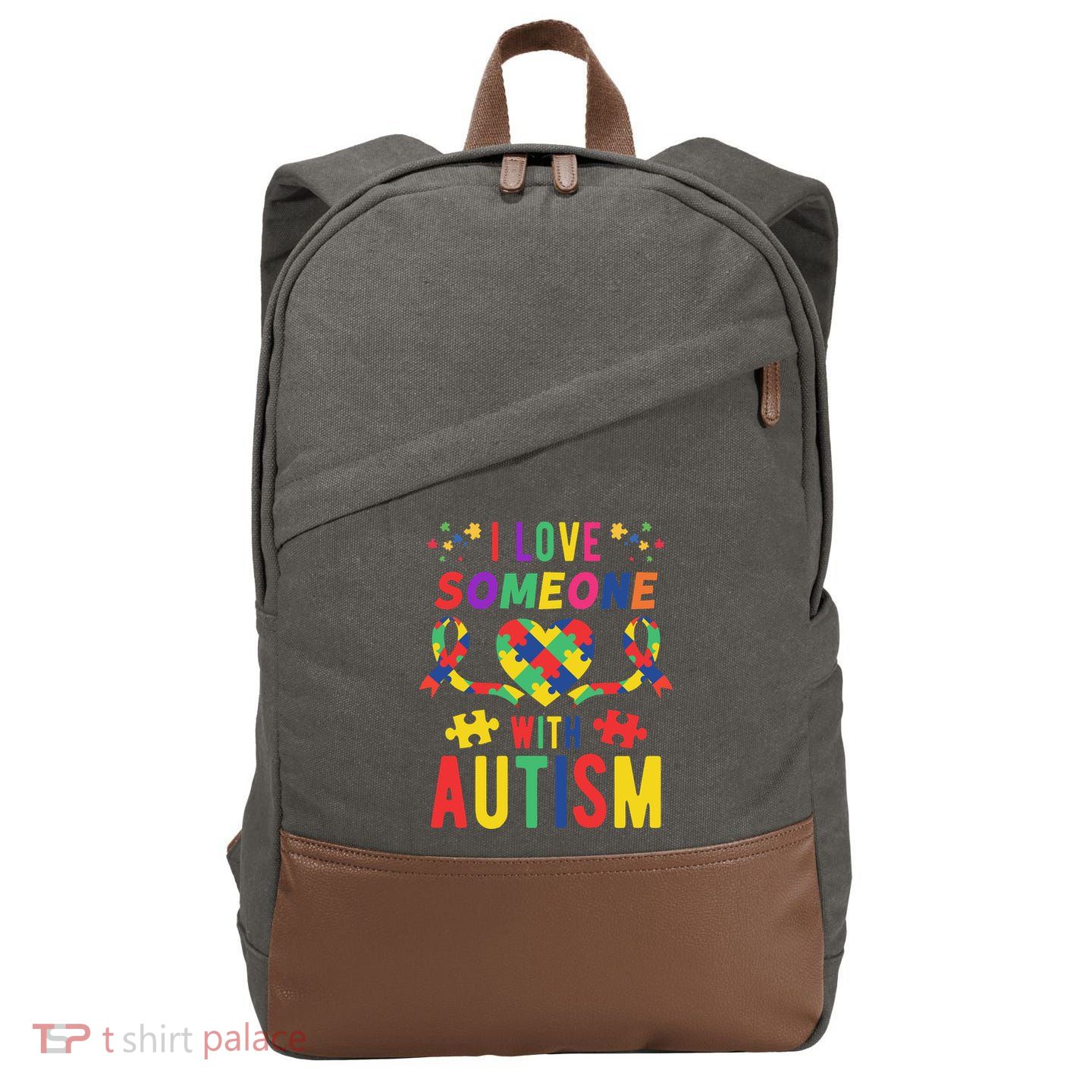 I Love Someone With Autism Ribbon Heart Cotton Canvas Backpack