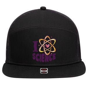 I Love Science L Teacher Student Scientist Graphic Funny Gift 7 Panel Mesh Trucker Snapback Hat