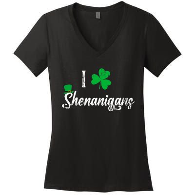 I Love Shenanigans With Shamrocks Funny Irish Clovers Women's V-Neck T-Shirt