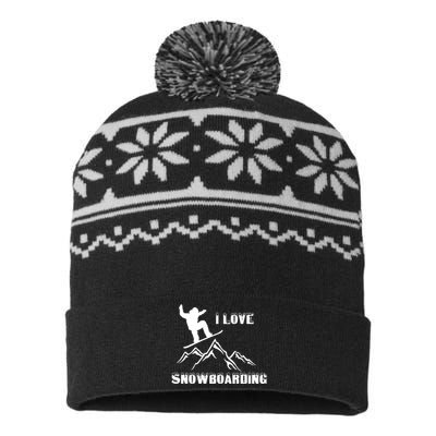 I Love Snowboarding Gift Funny Skiing USA-Made Snowflake Beanie