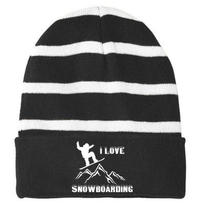 I Love Snowboarding Gift Funny Skiing Striped Beanie with Solid Band