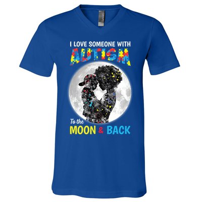 I Love Someone With Autism To The Moon And Back Funny Gift V-Neck T-Shirt