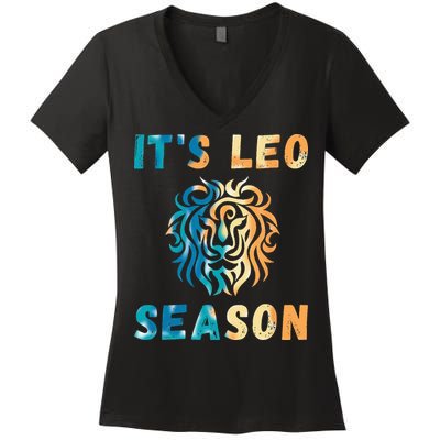 Its Leo Season Celtic Design Retro Colors Lion Zodiac Women's V-Neck T-Shirt
