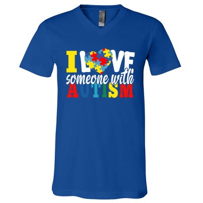 I Love Someone With Autism Autistic Awareness Month Warriors Gift V-Neck T-Shirt