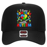 I Love Someone With Autism Awareness Heart Puzzle Pieces High Crown Mesh Back Trucker Hat