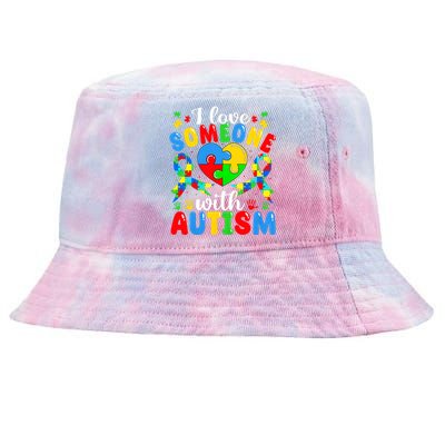 I Love Someone With Autism Awareness Heart Puzzle Pieces Tie-Dyed Bucket Hat