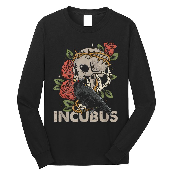 IncubusCrow Left Skull Morning And Flower Halloween Graphic Long Sleeve Shirt